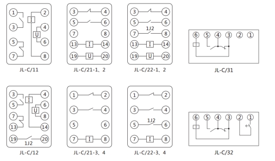 JL-C/31反時(shí)限電流繼電器內(nèi)部接線(xiàn)及外引接線(xiàn)圖（正視圖）