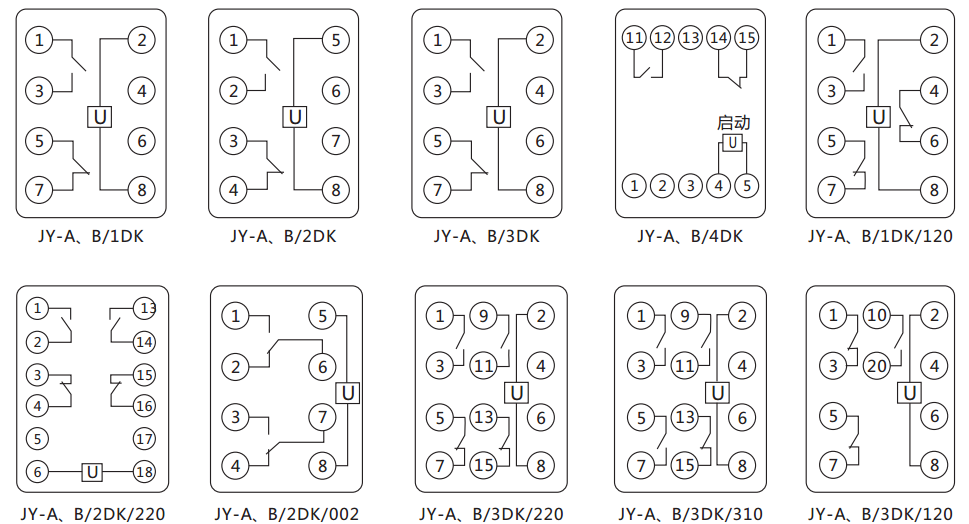 JY-B/3DK無(wú)輔源電壓繼電器內(nèi)部接線圖及外引接線圖（正視圖） 